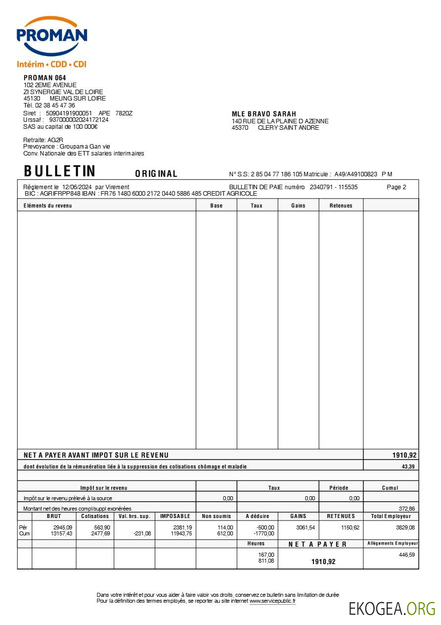 Modèle de fiche de paie Proman recrutement (en langue française) aux formats Word et PDF, version 2.pdf, 2 template
